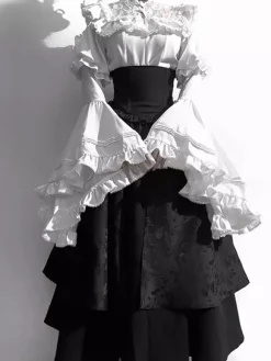 Gothic Lolita Outfits Lace Ruffles Long Sleeves Blouse and Black Skirt tow piece suit