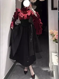 Gothic Lolita Outfits Lace Ruffles Long Sleeves Blouse and Black Skirt tow piece suit