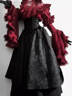 Gothic Lolita Outfits Lace Ruffles Long Sleeves Blouse and Black Skirt tow piece suit