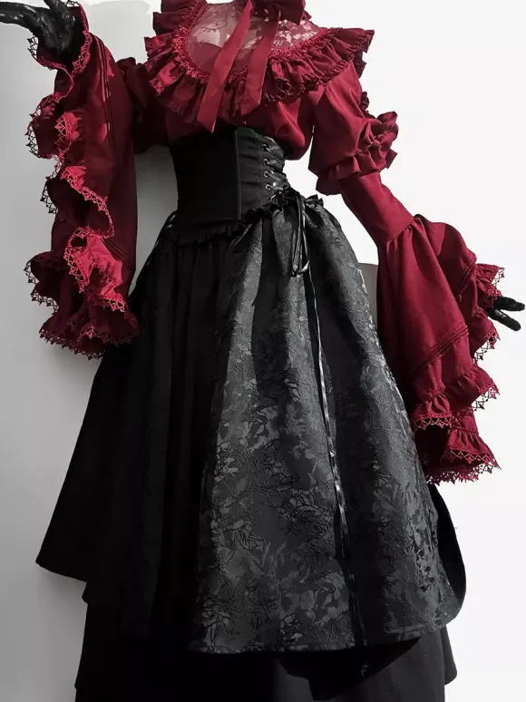 Gothic Lolita Outfits Lace Ruffles Long Sleeves Blouse and Black Skirt tow piece suit