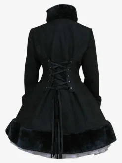 Gothic Lolita Outfits Wool Black Ribbons Hooded Cape With Winter Coat