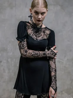 Gothic Lolita Punk Dresses Lace Up Lace Short Sleeves Black Dresses