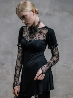 Gothic Lolita Punk Dresses Lace Up Lace Short Sleeves Black Dresses