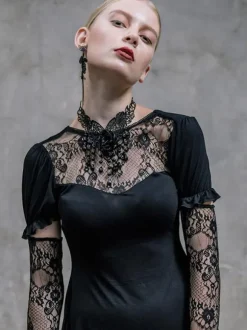 Gothic Lolita Punk Dresses Lace Up Lace Short Sleeves Black Dresses