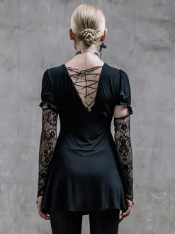 Gothic Lolita Punk Dresses Lace Up Lace Short Sleeves Black Dresses