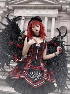 Gothic Lolita Red And Black JSK Dress Bat Print Dark Fantasy Roleplay Costume