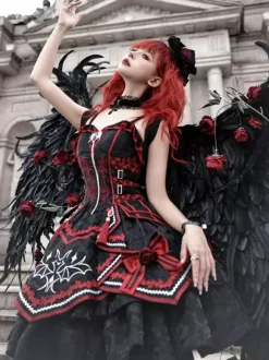 Gothic Lolita Red And Black JSK Dress Bat Print Dark Fantasy Roleplay Costume