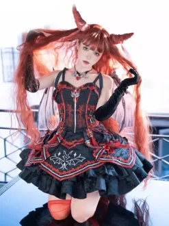 Gothic Lolita Red And Black JSK Dress Bat Print Dark Fantasy Roleplay Costume