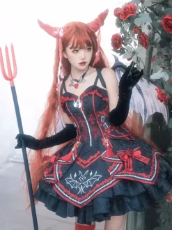 Gothic Lolita Red And Black JSK Dress Bat Print Dark Fantasy Roleplay Costume