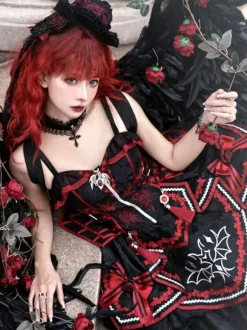 Gothic Lolita Red And Black JSK Dress Bat Print Dark Fantasy Roleplay Costume