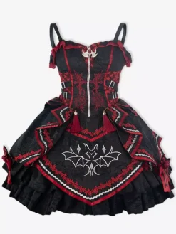 Gothic Lolita Red And Black JSK Dress Bat Print Dark Fantasy Roleplay Costume