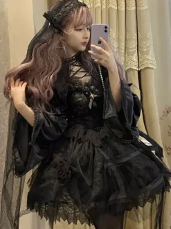 Gothic Lolita Rose Cage Cla Elegant Relief Mesh Dresses Lace Sleeveless Black Lolita Jumper Skirt With Headband