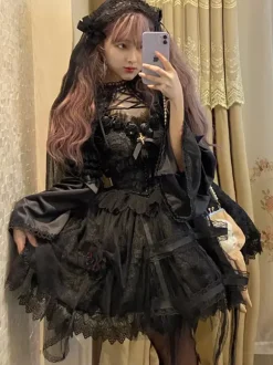 Gothic Lolita Rose Cage Cla Elegant Relief Mesh Dresses Lace Sleeveless Black Lolita Jumper Skirt With Headband