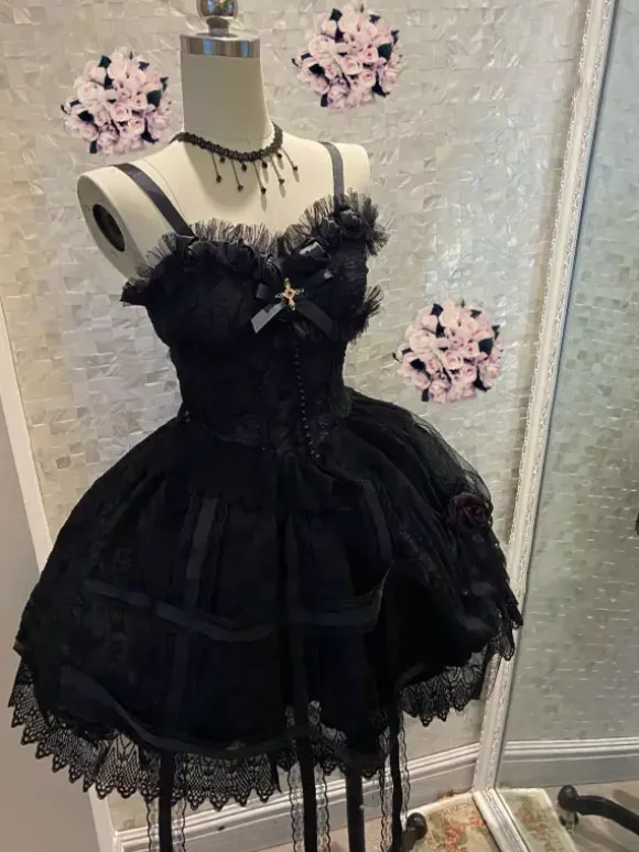 Gothic Lolita Rose Cage Cla Elegant Relief Mesh Dresses Lace Sleeveless Black Lolita Jumper Skirt With Headband