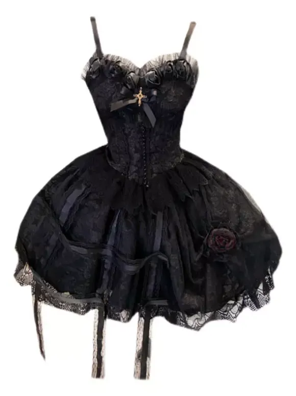 Gothic Lolita Rose Cage Cla Elegant Relief Mesh Dresses Lace Sleeveless Black Lolita Jumper Skirt With Headband