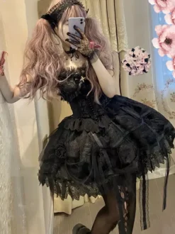 Gothic Lolita Rose Cage Cla Elegant Relief Mesh Dresses Lace Sleeveless Black Lolita Jumper Skirt With Headband