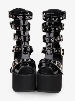 Gothic Lolita Sandal Boots Grommet Metallic Buckle Platform Black Lolita Footwear