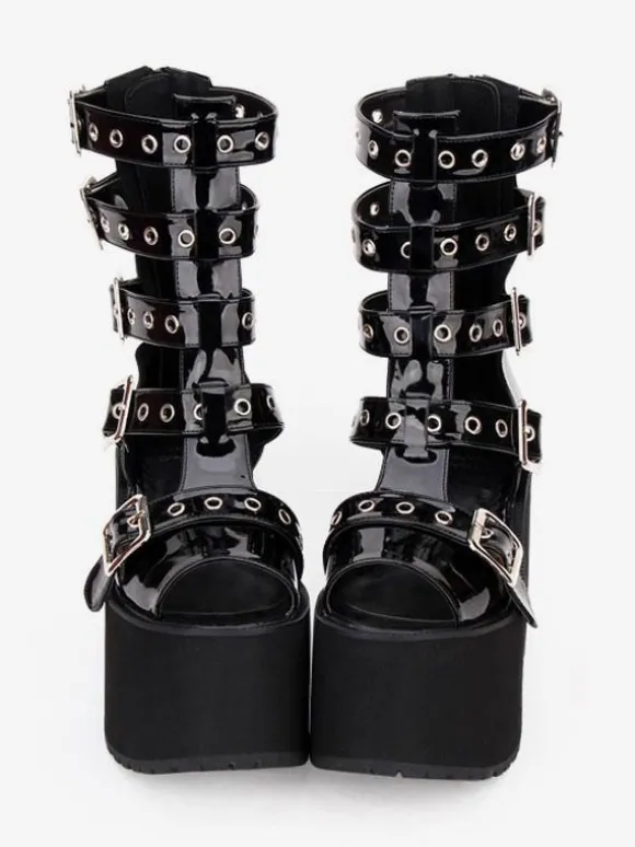 Gothic Lolita Sandal Boots Grommet Metallic Buckle Platform Black Lolita Footwear