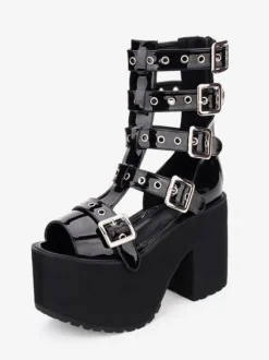 Gothic Lolita Sandal Boots Grommet Metallic Buckle Platform Black Lolita Footwear