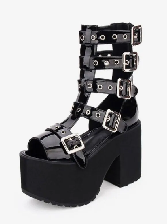 Gothic Lolita Sandal Boots Grommet Metallic Buckle Platform Black Lolita Footwear