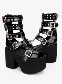 Gothic Lolita Sandal Boots Grommet Metallic Buckle Platform Black Lolita Footwear