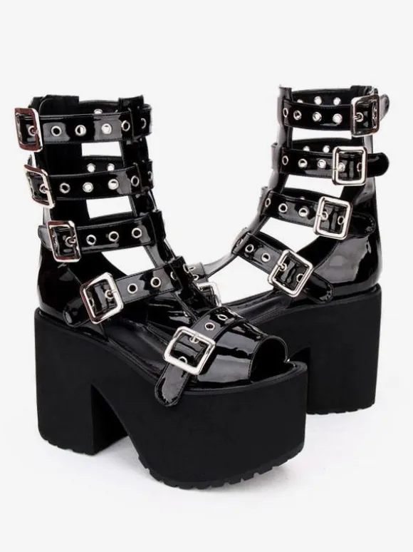 Gothic Lolita Sandal Boots Grommet Metallic Buckle Platform Black Lolita Footwear