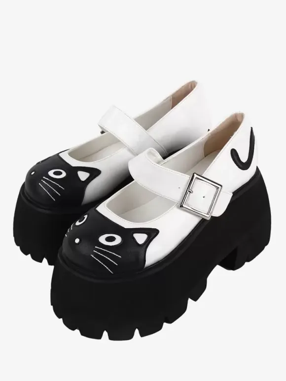 Gothic Lolita Sandals Applique Round Toe Animal Print PU Leather White Lolita Summer Shoes