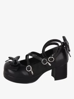 Gothic Lolita Sandals Bows Round Toe Bow PU Leather Black Lolita Summer Shoes