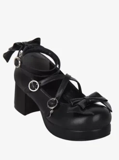 Gothic Lolita Sandals Bows Round Toe Bow PU Leather Black Lolita Summer Shoes