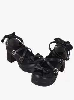 Gothic Lolita Sandals Bows Round Toe Bow PU Leather Black Lolita Summer Shoes