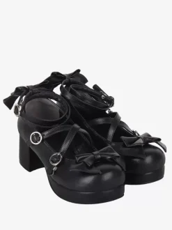 Gothic Lolita Sandals Bows Round Toe Bow PU Leather Black Lolita Summer Shoes