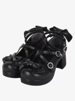 Gothic Lolita Sandals Bows Round Toe Bow PU Leather Black Lolita Summer Shoes