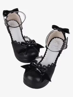 Gothic Lolita Sandals Bows Open Toe Bow PU Leather Black Lolita Summer Shoes