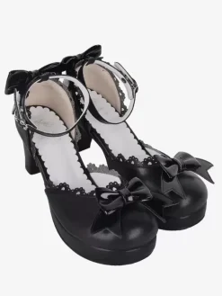 Gothic Lolita Sandals Bows Open Toe Bow PU Leather Black Lolita Summer Shoes