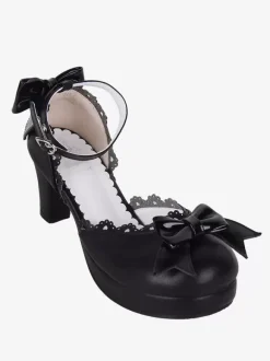 Gothic Lolita Sandals Bows Open Toe Bow PU Leather Black Lolita Summer Shoes