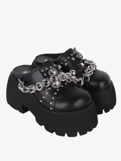 Gothic Lolita Sandals Grommets Round Toe Metallic PU Leather Black Lolita Summer Shoes