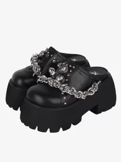 Gothic Lolita Sandals Grommets Round Toe Metallic PU Leather Black Lolita Summer Shoes