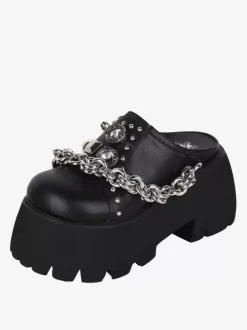Gothic Lolita Sandals Grommets Round Toe Metallic PU Leather Black Lolita Summer Shoes