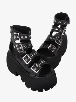 Gothic Lolita Sandals Grommets Peep Toe Metallic PU Leather Black Lolita Summer Shoes