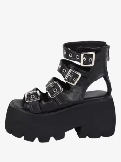 Gothic Lolita Sandals Grommets Peep Toe Metallic PU Leather Black Lolita Summer Shoes