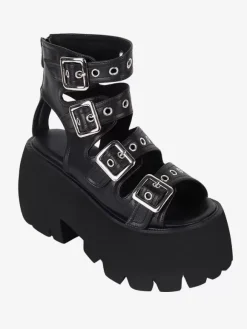 Gothic Lolita Sandals Grommets Peep Toe Metallic PU Leather Black Lolita Summer Shoes