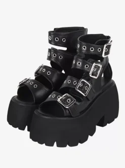 Gothic Lolita Sandals Grommets Peep Toe Metallic PU Leather Black Lolita Summer Shoes