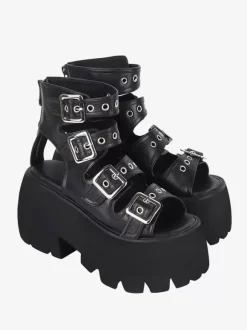 Gothic Lolita Sandals Grommets Peep Toe Metallic PU Leather Black Lolita Summer Shoes