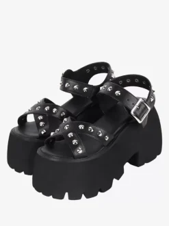 Gothic Lolita Sandals Metal Details Peep Toe Metallic PU Leather Black Lolita Summer Shoes