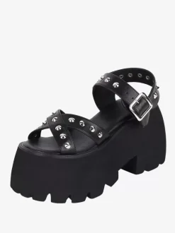 Gothic Lolita Sandals Metal Details Peep Toe Metallic PU Leather Black Lolita Summer Shoes