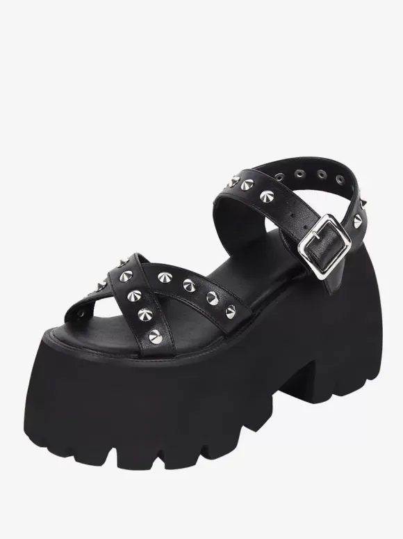 Gothic Lolita Sandals Metal Details Peep Toe Metallic PU Leather Black Lolita Summer Shoes