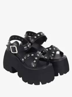 Gothic Lolita Sandals Metal Details Peep Toe Metallic PU Leather Black Lolita Summer Shoes