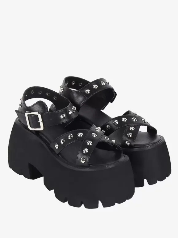 Gothic Lolita Sandals Metal Details Peep Toe Metallic PU Leather Black Lolita Summer Shoes