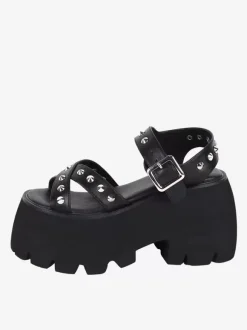 Gothic Lolita Sandals Metal Details Peep Toe Metallic PU Leather Black Lolita Summer Shoes
