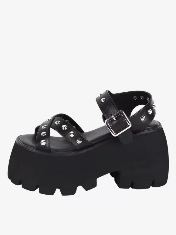 Gothic Lolita Sandals Metal Details Peep Toe Metallic PU Leather Black Lolita Summer Shoes